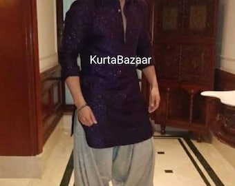 Mens Kurta Patiala Set, Handmade Mirror Work Top Bottom,Men Outfit Kurta, Unique Kurta,Kurta Party Wear, Silk Black Colour Kurta His Gift