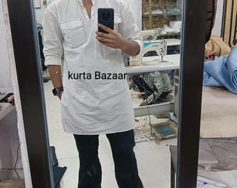 Pathani Kurta de algodón blanco hecho a mano para hombre: Panjabi de color sólido