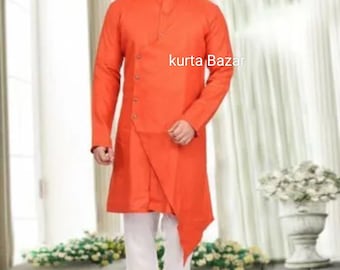 Handmade Cotton Kurta Pajama Set: Solid Orange Indian Suit