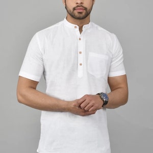 Men&#39;s Woven Design Pure Cotton Straight Kurta/Shirt Solid White Color Short Shirt Half Sleeve