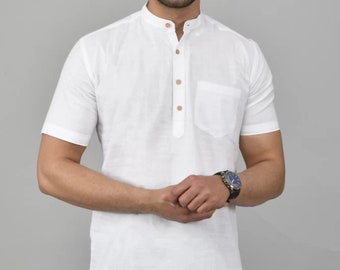 Men's White Cotton Kurta Shirt: Short Sleeve Woven Design