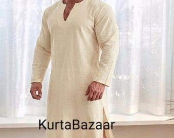 Men's Beige Linen Kaftan: Loose Fit Tunic