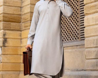 Handmade Grey Cotton Kurta Shalwar: Pakistani Men's Suit