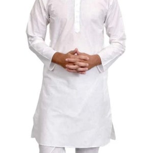 White Cotton Kurta Pajama Set: Indian Men&#39;s Ethnic Suit