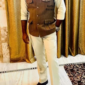 Indian Nehru Jacket for Men: Cotton Brocade Waistcoat