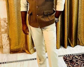 Giacca indiana Nehru da uomo: gilet in broccato di cotone