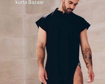 Men's Black Linen Kaftan: Loose Fit Sleeveless Robe