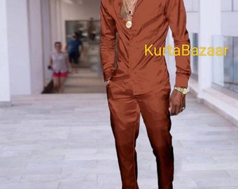 Men&#39;s Silk Cotton Outfit: Brown Shirt and Pants Set