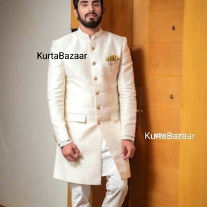 Indo-westerse sherwanikleding, Indiase bruiloft bruidegom outfit bruiloft jodpuri bandgala lange sherwani-jas voor mannen, designerpakken effen wit