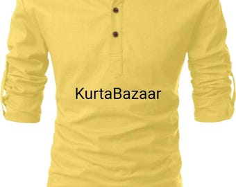 Men's Yellow Cotton Kurta Shirt: Indian Wedding Attire
