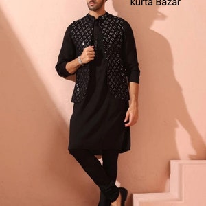 Men&#39;s Black Kurta Pyjama with Mirror Work Nehru Jacket: Indian Wedding Vest