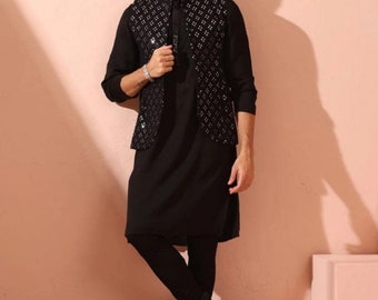 Men's Black Kurta Pyjama with Mirror Work Nehru Jacket: Indian Wedding Vest