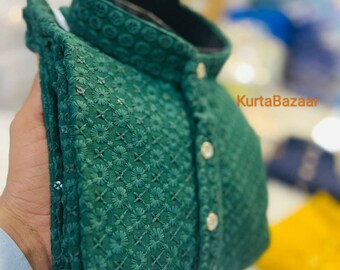 Handmade Green Kurta Pajama Set: Embroidered Men&#39;s Party Wear