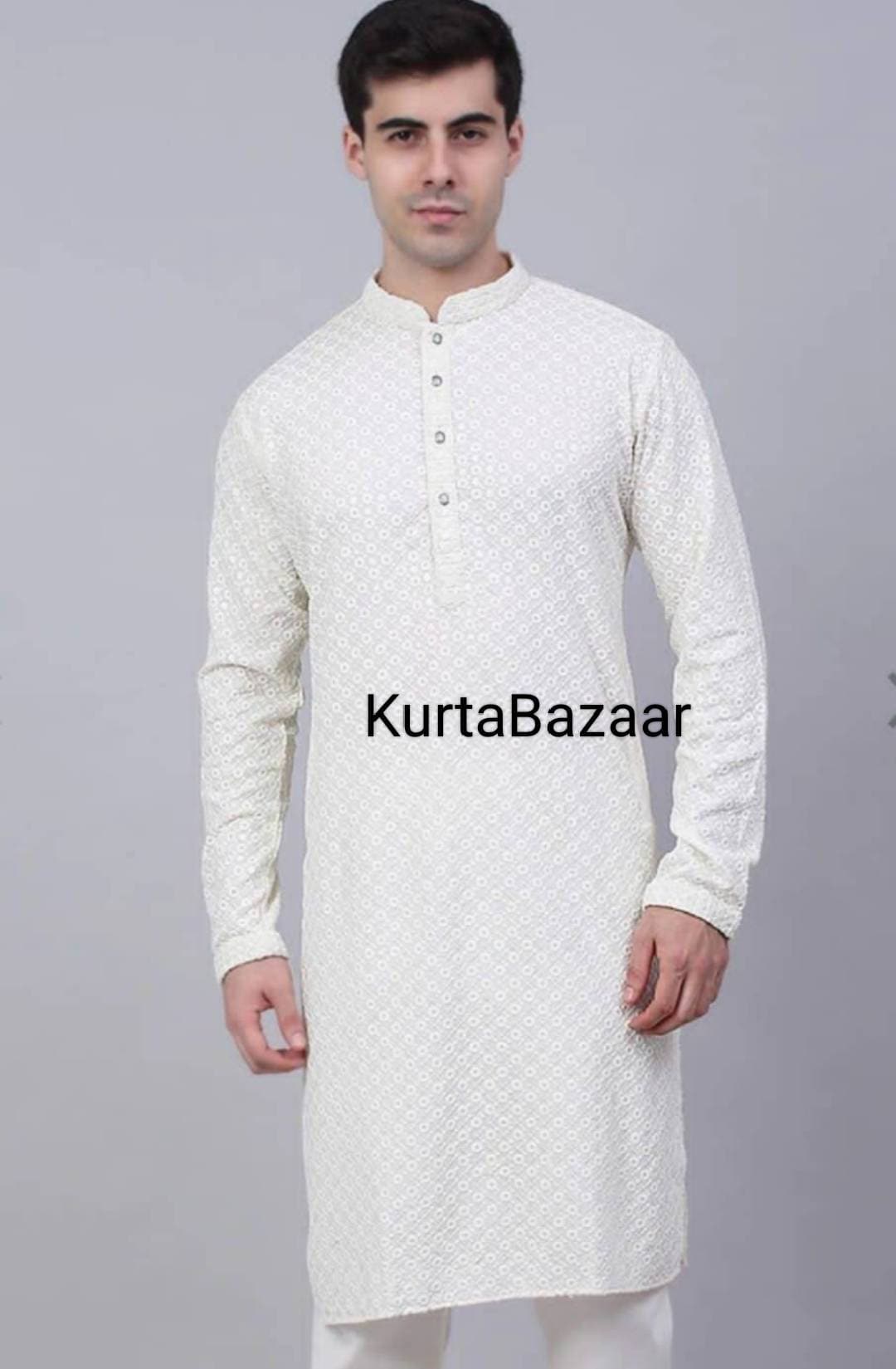 Mens White Cotton Kurta Pajama Set: Sequence Embroidery, Party Wear