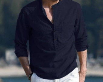 Men&#39;s Black Linen Kurta Shirt: Indian Wedding, Handmade