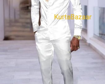 Silk Cotton Men&#39;s Outfit: White Shirt and Pants Set