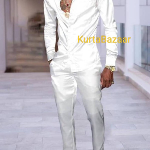 African Mens Outfit, Men's Clothing, Fashion Casual, Solid Color White Outfits, Mens Shirt Pants Matching Colour