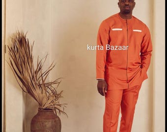 Orangefarbener afrikanischer Herrenanzug: Luxus-Hochzeits-Outfit aus Baumwolle Dashiki