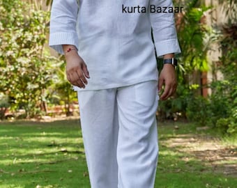 Men's White Cotton Kurta Set, African Print Wedding Attire