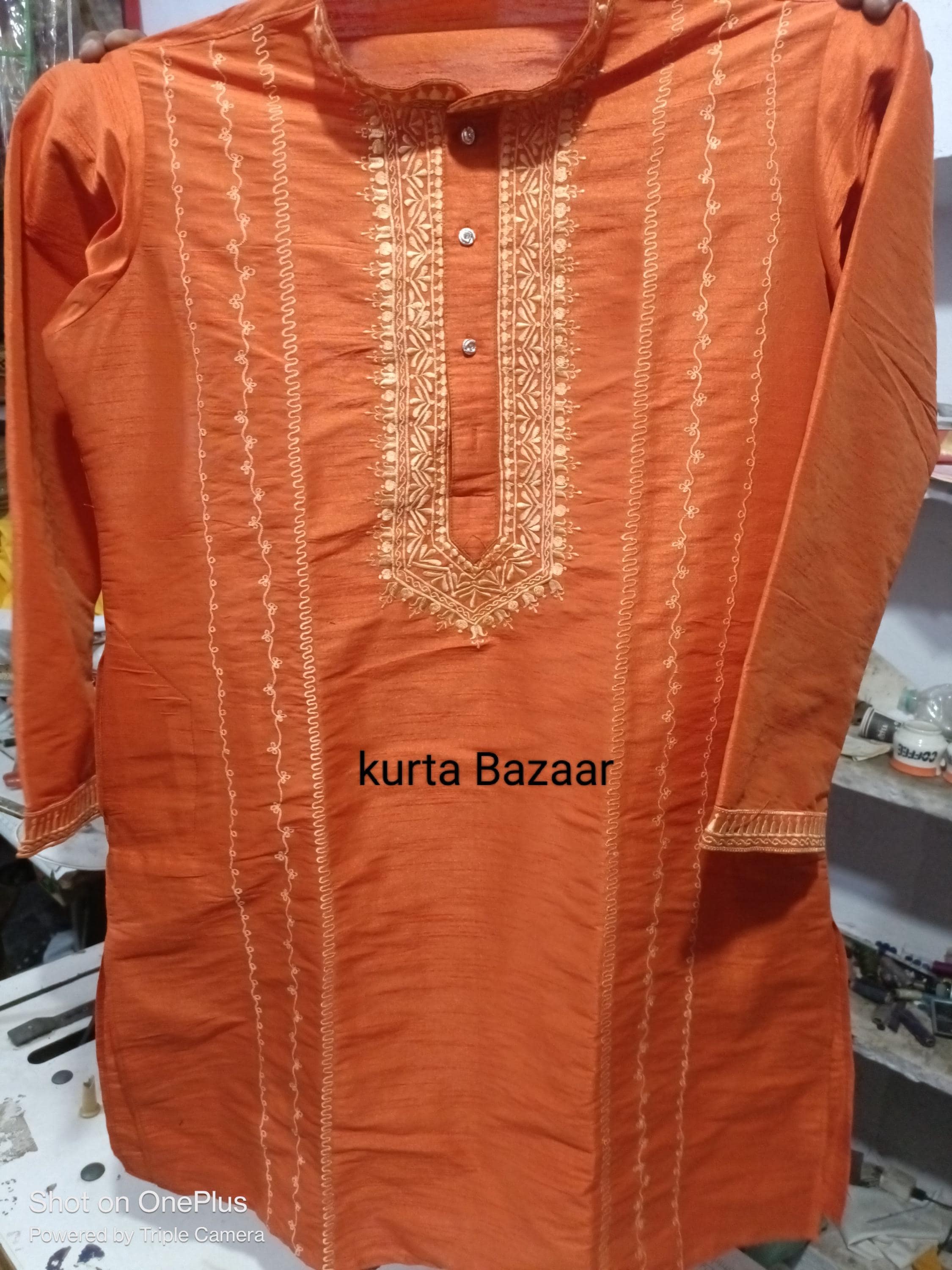 Handmade Silk Embroidered Mens Kurta Pajama Set - Orange Indian Wedding Outfit