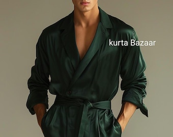Men's Dark Green Silk Satin Outfit: Fashion Shirt and Pants Set