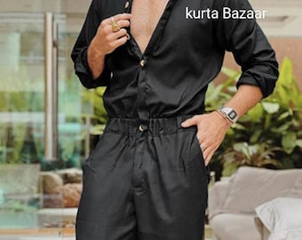 Herren Schwarzer Leinen Jumpsuit: Langarm Revers Romper mit Taschen