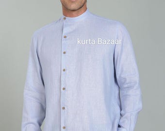 Men's Sky Blue Cotton Kurta: Indian Ethnic Wedding Shirt
