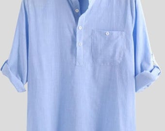 Men's Light Blue Linen Kurta Shirt: Indian Ethnic Wedding Dress