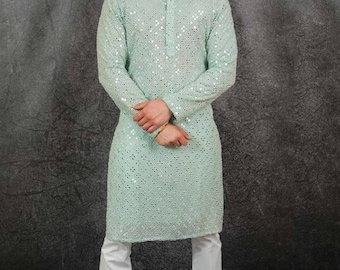 Mens Silk Chikankari Kurta Pajama Set: Indian Wedding Outfit