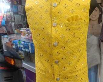 Giacca indiana Nehru fatta a mano: gilet in cotone e seta con lavorazione a specchio