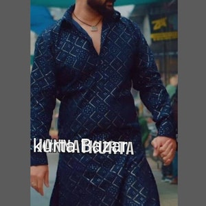 Men&#39;s Kurta,Handmade Kurta, Kurta Pajama Set,Unique Kurta, Kurta Party Wear 100%Georgette Silk with Sequence Work Kurta,Colour Royal Blue