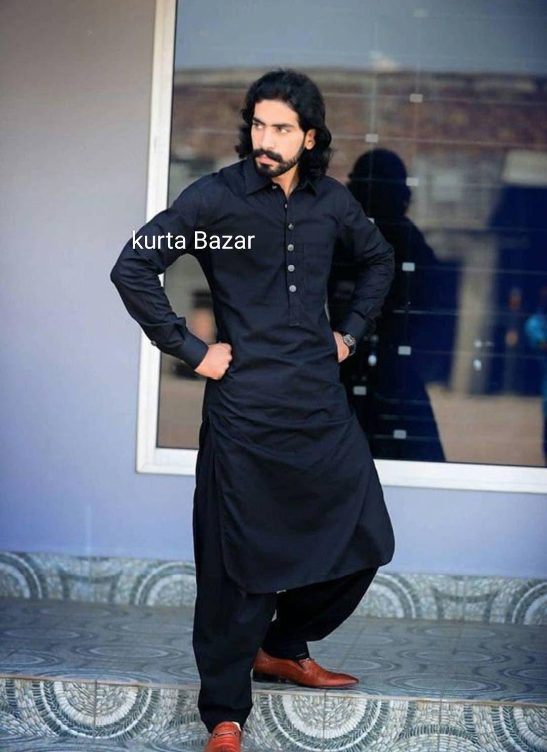 Men's Light Blue Cotton Pathani Kurta Shalwar Set, Contrast Trim Slub ...