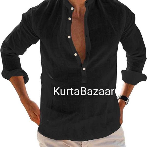 Mens Cotton Linen Henley Shirts Long Sleeve Deep V Neck Hippie Casual Loose Fit Beach Plain Summer Tops Solid  All Size Available XS-7XL