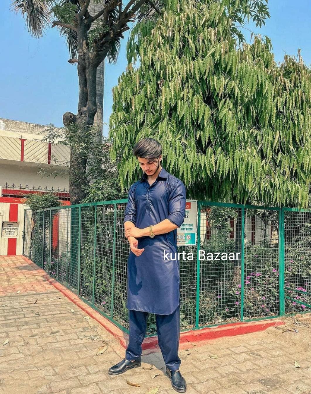 Organic Cotton Navy Blue Kurta Shalwar: Men's Wedding Suit
