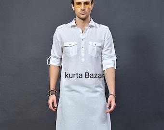 Men's Pathani Outfits,Panjabi Kurta with Shalwar Party Wear Kameez With Shalwal100% Cotton Solid white Color All Sizes Available And Colours