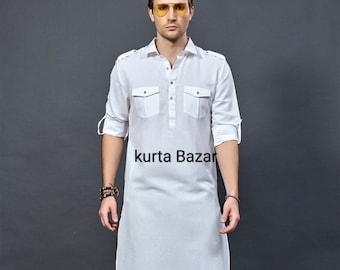 Traje Pathani de algodón blanco para hombre, Kurta Shalwar Kameez