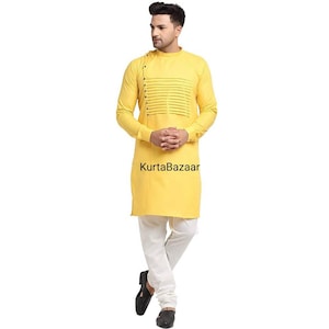 Men&#39;s Handmade Cotton Kurta: Solid Yellow Indian Ethnic Outfit