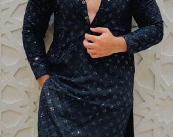 Men's Black Chikankari Kurta Pajama Set: Embroidered Indian Suit