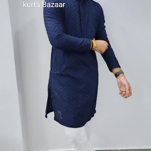 Mens Kurta With Pajam Men&#39;s Outfit Kurta,Unique Kurta, Kurta Party Wear,Solid Navy Blue Colour Sequence Work Cotton Kurta With Cotton Pajama