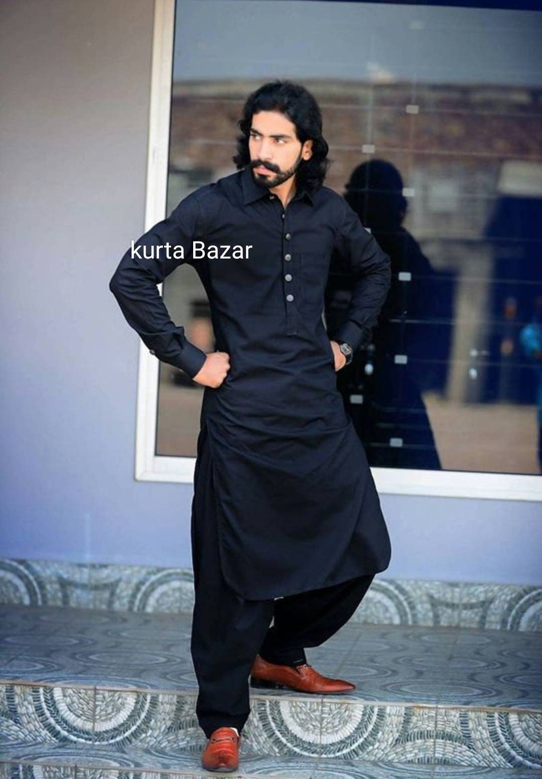 Men's Black Pathani Kameez With Shalwar, Design Men's Suit Brands India Pak  , Men's Kurta Designs Pakistani Kurta Pajama Cotton Dress 