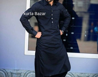 Men&#39;s Black Cotton Pathani Kameez Shalwar Suit: Handmade Indian Kurta
