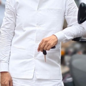 White Linen Nehru Jacket Set: Indian Wedding Sangeet Suit
