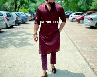 Ethnics Wear, Men's Kurta Pajama, Men's Garments, Men's Top Bottom Set , Indian Tradition,Mahroon Colour kurta Pajama Set , Indian fashion
