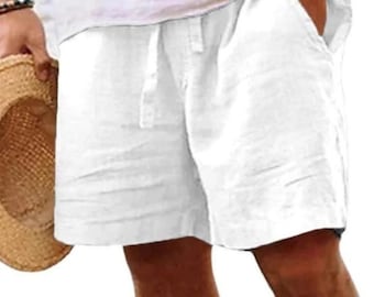 Bermudas de playa de lino blanco para hombre con cintura elástica