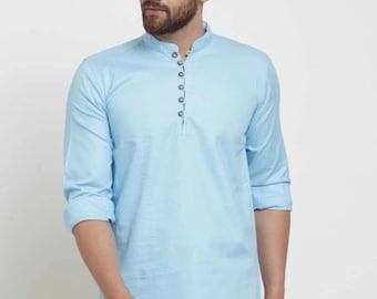 Men's Sky Blue Cotton Kurta: Indian Wedding Ethnic Dress