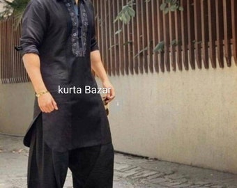 Handmade Black Cotton Kurta Set: Men's Pathani Party Wear