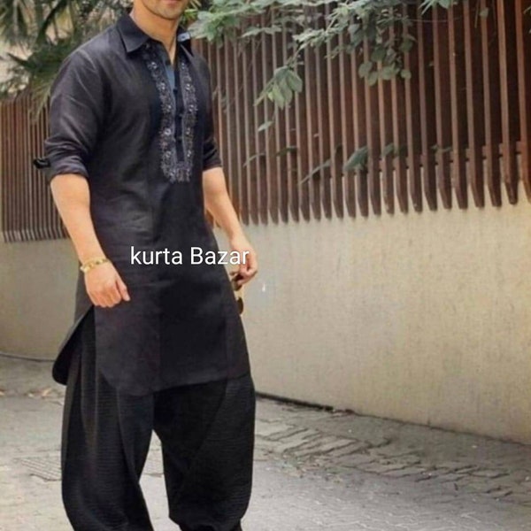 Men's Kurta Set,Handmade Cotton Kurta,kurta For Men's,Pathani kurta Set,Unique Kurta,Kurta Party Wear, Solid 100% Cotton Black Color