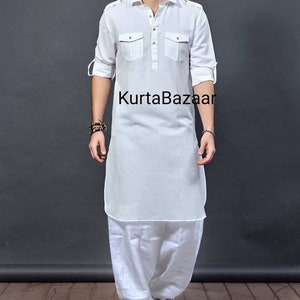 Men's Pathani Kurta,Handmade Kurta, Panjabi Designer Gent's Kurta For Men's,Party Wear Kurta 100% Cotton Solid White Color All Sizes image 1