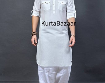 Handmade Cotton Pathani Kurta: Men&#39;s White Party Wear