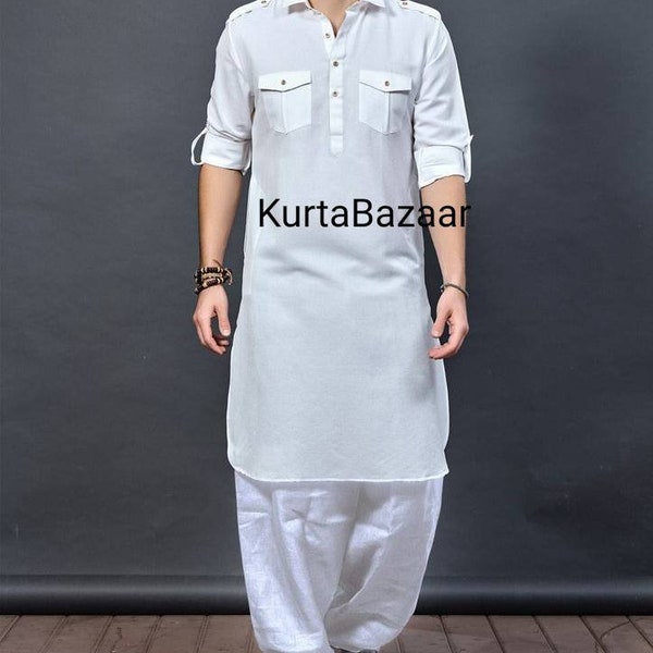 Men's Pathani Kurta,Handmade  Kurta, Panjabi Designer Gent's Kurta For Men's,Party Wear Kurta 100% Cotton Solid White Color All Sizes